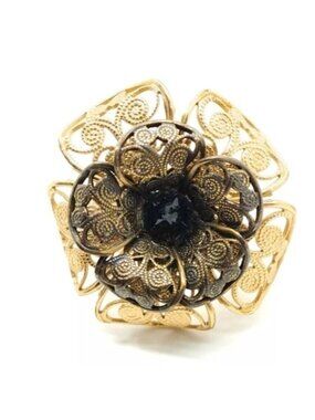 CHANEL Gold Statement Ring CC Camellia Flower Black Crystals Size 6 US Authentic